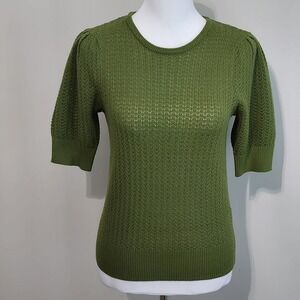 Cleo Crochet Top Womens XS Green Pointelle Knit Puff Sleeve Forest Fairycore